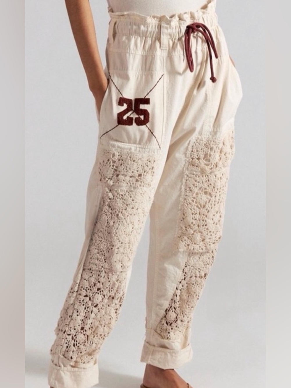 Free people Rockaway craft Crochet Panel Drawstring Pants with Burgundy Accen